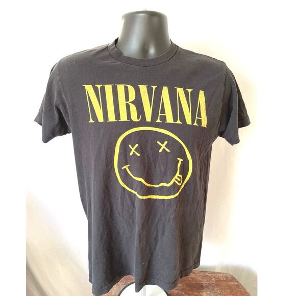 Nirvana Smiley Face Band Tee Black Tultex Shirt Medium - Picture 1 of 5